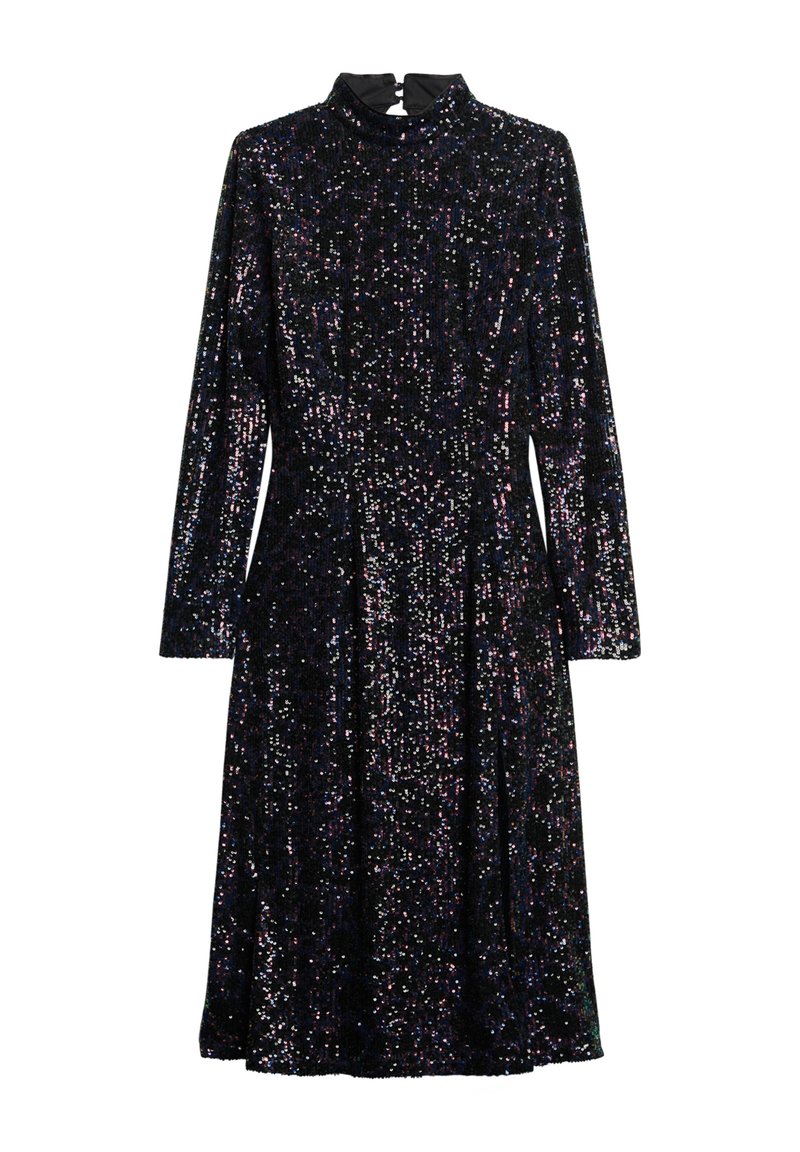 Czarna midi sukienka z długimi rękawami, wysokim dekoltem i ozdobami w postaci wielokolorowych cekinów na całej powierzchni.