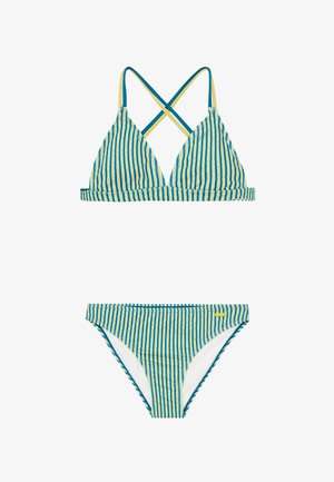 Completo bikini a righe con top triangolare e spalline incrociate in blu e giallo, e slip a vita bassa coordinati con motivo simile.
