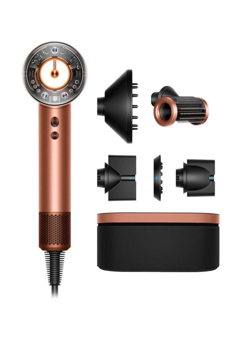 Asciugacapelli Dyson in rame e nero, con un design rotondo e diversi accessori: diffusore, concentratore per styling e custodia.