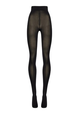 Collant neri opachi con una texture liscia e vellutata. Presentano una vita alta e arrivano fino alle caviglie, progettati per una vestibilità aderente.