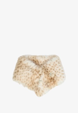 Envoltorio de piel sintética en beige claro con patrón de manchas marrones. Presenta una textura suave y dos botones decorativos para cierre.