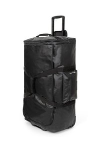 Borsa da viaggio nera con ruote, realizzata in materiale resistente, dotata di manico retrattile, cinghie, tasca laterale e texture morbide.