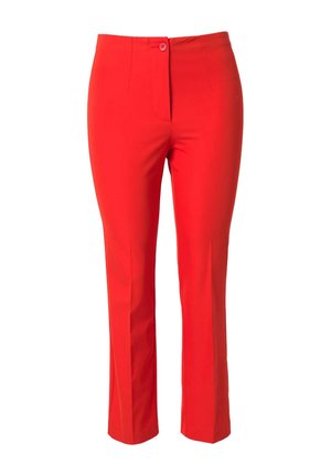 Røde skræddersyede bukser med lige ben, lukkes foran med knap og har sømdetaljer langs benene.