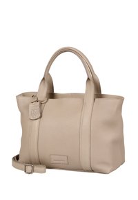 Beige leren tote bag met twee handvatten, gestructureerde afwerking, afneembare schouderband en geëmbosseerd logo label. Heeft verticale stikdetails.
