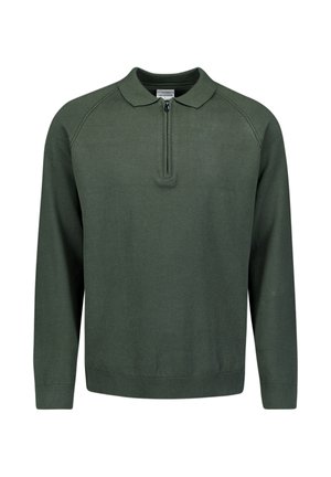Donkergroene pullovertrui van gebreid materiaal. Heeft een kraag en een halve rits bij de hals, met raglanmouwen en ribgebreide manchetten.