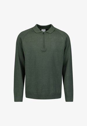 Donkergroene pullovertrui van gebreid materiaal. Heeft een kraag en een halve rits bij de hals, met raglanmouwen en ribgebreide manchetten.