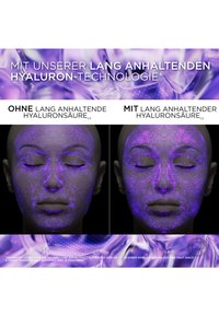 Modèle facial avec une texture scintillante violette sur la peau, divisé en deux sections : l'une sans acide hyaluronique, l'autre avec. L'arrière-plan présente des éléments violets flous.