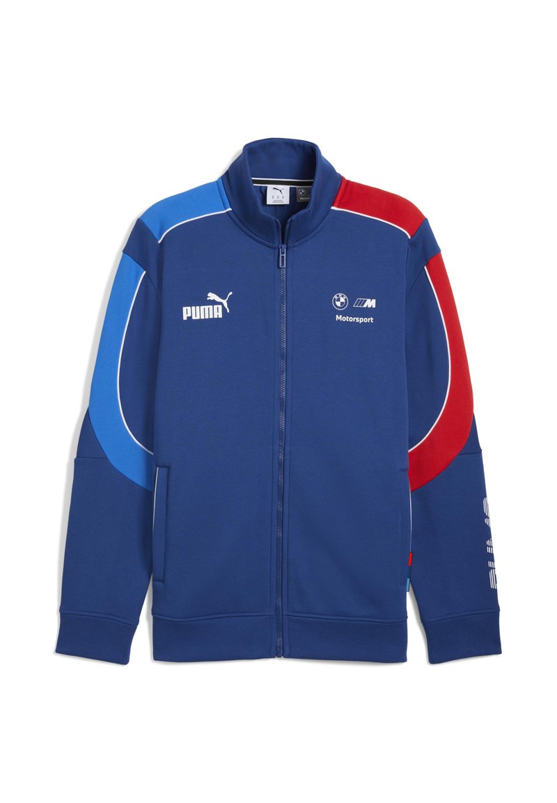 Blå zip-up jakke med røde og blå accenter, prydet med Puma og BMW Motorsport logoer på forsiden.
