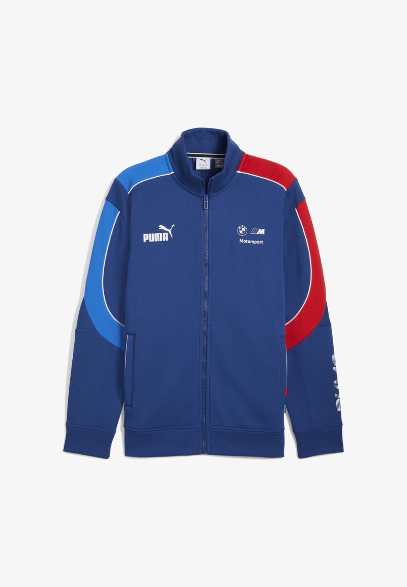 Plava jakna na zatvarač s crvenim i plavim detaljima, ukrašena logotipima Puma i BMW Motorsport sprijeda.