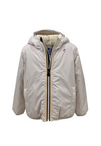 Giacca a vento beige chiaro con cappuccio, zip frontale, due tasche laterali e foderatura in pile visibile al collo, con logo K-Way sul petto.