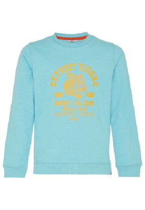 Hellblaues Sweatshirt mit langen Ärmeln, gelbem "Detroit Tigers"-Schriftzug und einem brüllenden Tiger-Graphic in der Mitte, mit gerippten Bündchen an Ärmeln und Saum.