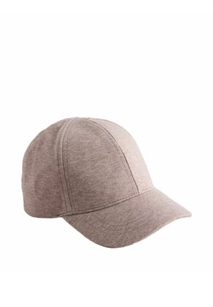 Light brown soft fabric baseball cap with curved brim and visible stitching on panels and brim.