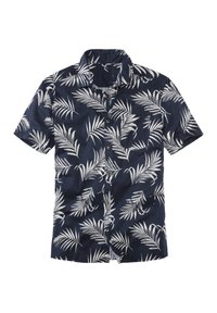 Camisa de botones de manga corta en azul marino con estampado de hojas de palmera blancas. Fabricada en una tela ligera, con cuello y dobladillo redondeado.