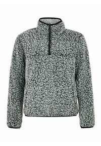 Fleece-Pulloverjacke mit halbem Reißverschlusskragen, ausgestattet mit einem schwarz-weißen Melange-Muster und einer weichen, strukturierten Oberfläche.