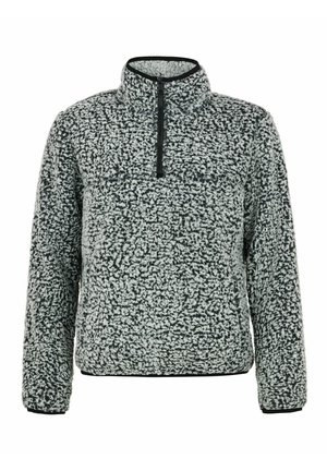 Giacca pullover in pile con colletto a mezza zip, caratterizzata da un motivo melangiato in bianco e nero e una superficie morbida e testurizzata.