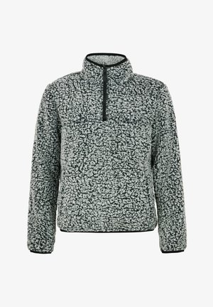 Fleece-Pulloverjacke mit halbem Reißverschlusskragen, ausgestattet mit einem schwarz-weißen Melange-Muster und einer weichen, strukturierten Oberfläche.