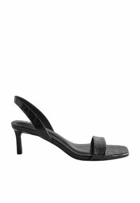 Schwarze Slingback-High-Heelsandalen mit glänzendem Krokodilmuster, quadratischer Spitze und dünnem Absatz, ausgestattet mit einer glatten Ledertextur.