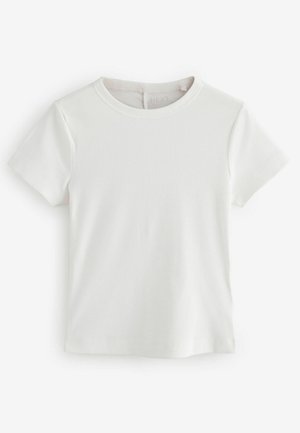 Kortärmad vit t-shirt i ribbat material, med rund hals och en figurnära design, mjuk textur och inga synliga logotyper.