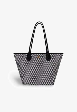 Borsa tote con un motivo geometrico grigio, manici in pelle nera e un accento dorato. Presenta una forma triangolare strutturata.