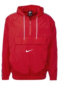 Rode Nike-jack met een halve rits, verstelbare capuchon en een voorkantzak. Gemaakt van lichtgewicht stof met witte accenten langs de mouwen.