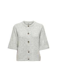 Cardigan court à manches courtes gris clair avec encolure ronde et cinq boutons marron sur le devant, fabriqué en tissu tricot doux.