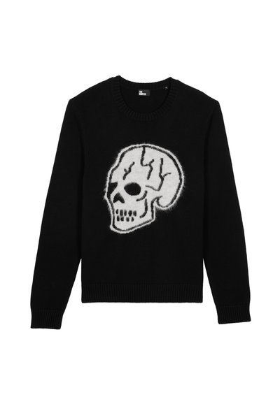 Suéter de punto negro con un gran gráfico de calavera blanca en la parte frontal, cuello redondo y puños y dobladillo acanalados. Textura suave.