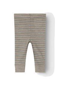 Stripete leggings for småbarn i mykt, teksturert beige stoff med vekslende tynne grønne og brune striper; ankellange med elastisk midje.
