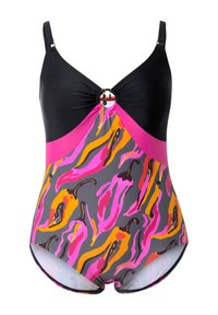 Een eendelig zwempak met een zwarte top, roze accent en een meerkleurig chilipeperpatroon op een grijze stof. Bevat decoratieve hardware.