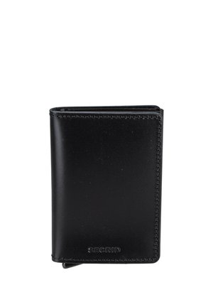 Schwarze kompakte Leder-Brieftasche mit sichtbaren Nähten und dem eingeprägten Markennamen "SECRID" vorne.