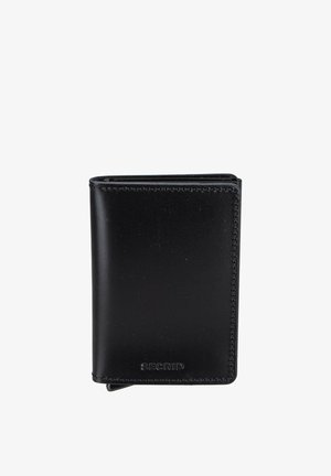 Schwarze kompakte Leder-Brieftasche mit sichtbaren Nähten und dem eingeprägten Markennamen "SECRID" vorne.