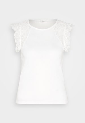 Hvid kortærmet top med blonde detaljer ved skulderne, med rund halsudskæring og glat stof, designet til en tætsiddende silhuet.