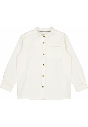 Hvid skjorte med knapper, lavet af let stof, der har en mandaritkrave, lange ærmer og en enkelt brystlomme. Guldknapper pynter foran.