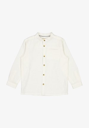 Chemise blanche à boutons en tissu léger, dotée d'un col mandarin, de manches longues et d'une poche poitrine unique. Des boutons dorés ornent le devant.