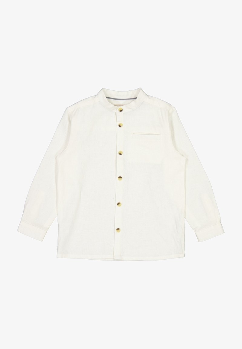 Chemise blanche à boutons en tissu léger, dotée d'un col mandarin, de manches longues et d'une poche poitrine unique. Des boutons dorés ornent le devant.