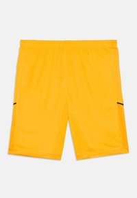 Gula sportshorts i slätt tyg, med en stretchmidja och svarta sidodetaljer. Längd till mitten av låret och en luftig design.