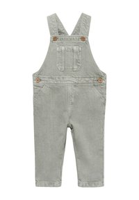 Svetlo sivi denim kombinezoni z nastavljivimi naramnicami, sprednjim žepom in lesenimi gumbi; gladka tekstura in ravne hlače.