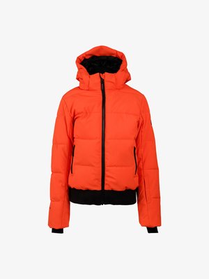 Φωτεινό πορτοκαλί μπουφάν τύπου πούφερ με κουκούλα, μαύρο φερμουάρ, πλαϊνές τσέπες και μαύρες ριμπ μανσέτες και στρίφωμα.