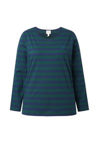 Langearmshirt met afwisselende donkergroene en marineblauwe strepen, ronde halslijn en een klein geborduurd blaadje op de linkerkant van de borst.