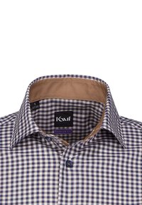 Camicia a quadri con colletto bianco, blu navy e marrone. Presenta un rivestimento interno del colletto marrone e un singolo bottone blu navy sulla parte anteriore. Vestibilità regolare.