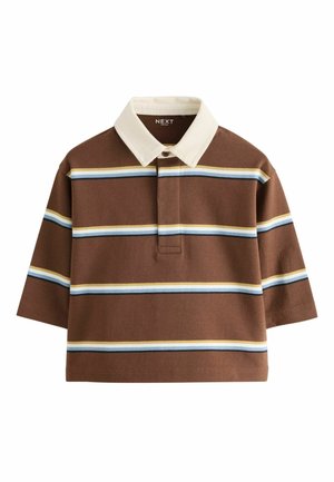 Brun kortærmet polo-shirt med hvid krave og vandrette blå, hvide og gule striber på kroppen og ærmerne.