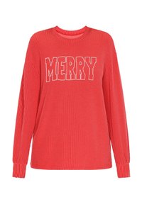 Rød ribbede langærmet sweater med ordet "MERRY" i fede hvide bogstaver på tværs af brystet. Blød tekstur, rund halsudskæring, afslappet pasform.