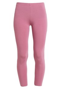 Tajta rosa leggings med en slät yta, elastisk midja och ankellång design mot en vit bakgrund.