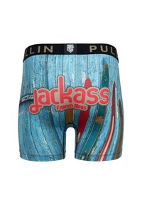 Boxers bleus colorés avec un motif en bois texturé, arborant un logo rouge et gris "jackass" ainsi que des graphiques de planche de surf. Taille élastique.