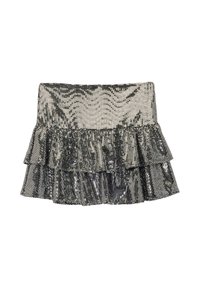 Czarna cekinowa mini spódnica z falbaniastymi warstwami, z dopasowanym paskiem w talii i błyszczącą, teksturowaną powierzchnią, która odbija światło.