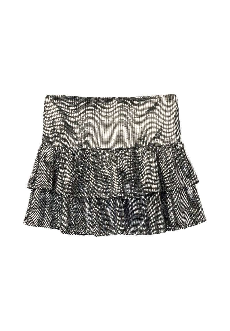 Czarna cekinowa mini spódnica z falbaniastymi warstwami, z dopasowanym paskiem w talii i błyszczącą, teksturowaną powierzchnią, która odbija światło.