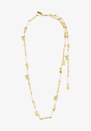 Goldkette mit unregelmäßigen Gliedern und kleinen weißen Perlen, die gleichmäßig verteilt sind. An einem Ende hängt ein Anhänger.
