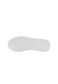 Witte rubberen schoenzool met een gestructureerd oppervlak met een honingraatpatroon en een rechthoekig merkgebied in het midden.