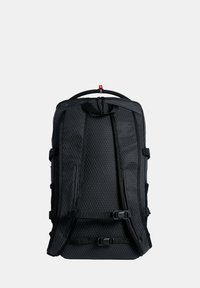 Black backpack with a textured surface, featuring adjustable straps, a top handle, and side buckles for secure closure.