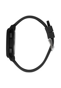 Schwarze Gummiuhr mit rechteckigem Zifferblatt, zwei Seitentasten und einem Metallverschluss an einem glatten Armband. Das Design ist modern und funktional.