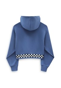 Niebieska krótka bluza z kapturem, długimi rękawami oraz czarno-białym kratkowanym wykończeniem na dole. Miękka w dotyku, o prostym wzorze.